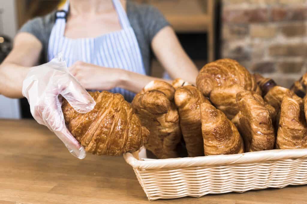 Closeup of freshly baked croissants in a bakery